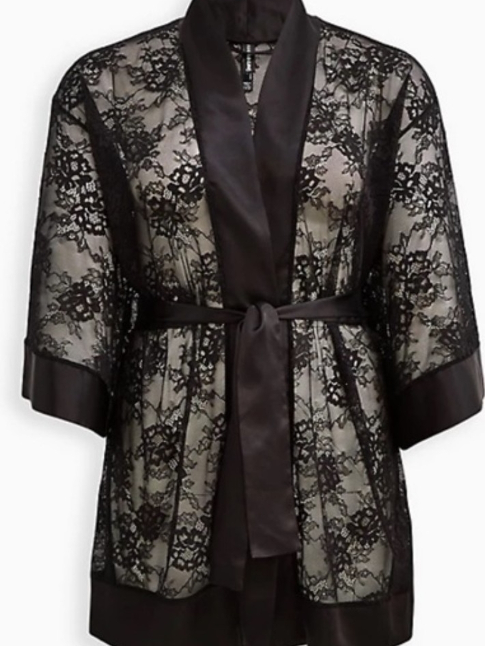 Black Lace Kimono Robe with Satin Trim